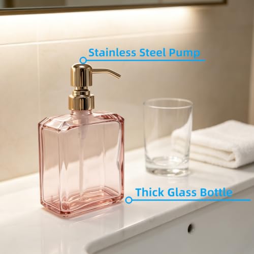 Image of Soap Dispenser Pink Glass Rectangular, Polished Rose Gold Pump | 13.5 oz, Rust Proof Stainless Steel Pump, Refillable, Hand Soap, Liquild Soap, Dish Soap, Bathroom, Kitchen
