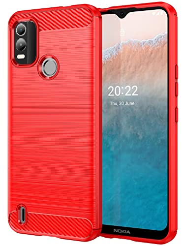 Folmecket Funda para Nokia C21 Plus, Fibra de Carbono Resistente a los arañazos, absorción de Golpes, Funda Protectora de Goma Suave TPU para Nokia C21 Plus de 6,52' Rojo