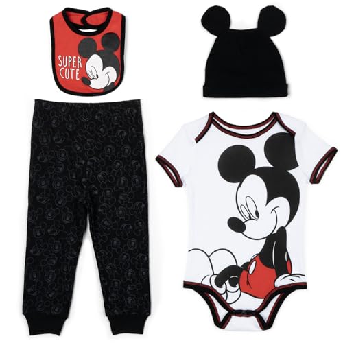 Disney Mickey Mouse Baby Bodysuit Pants Bib and Hat 4 Piece Outfit Set Newborn to Infant