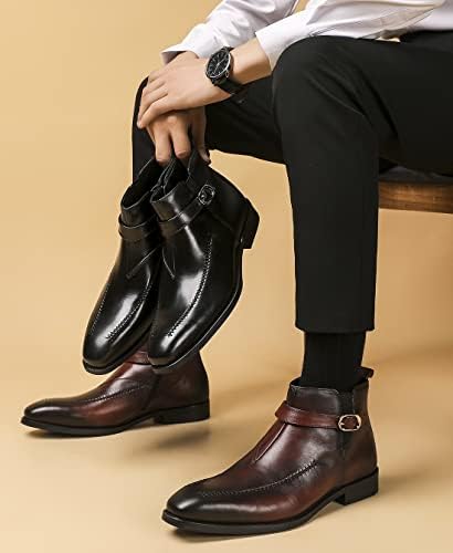 Santimon Chelsea Monk Buckle Strap Ankle Dress Leather Casual Boots Men Brown 8.5 M US | Image 5