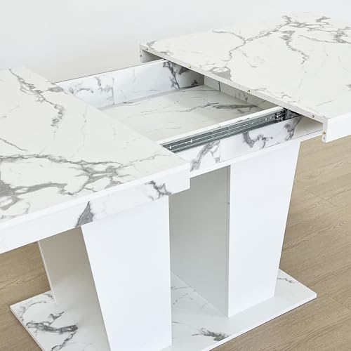Image of 9 Piece Extendable Dining Table Set for 8, 63 inch-78.74 inch Wooden Expandable Dining Table with White Marble Finish, 8 Grey Velvet Tufted Chairs, Modern Kitchen Dining Room Table Set 8 for Family Gathering