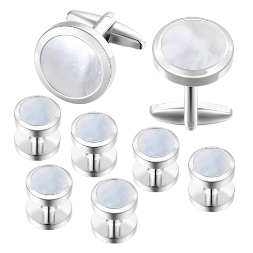 Dannyshi Mens Cufflinks and Tuxedo Shirt Studs Set with Gift Box Cuff Links Tuxedo Studs Business Wedding Groomsman Gifts (Silver/Fritillaria)