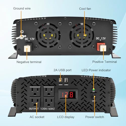 3500 Watt 12v Power Inverter for Vehicles car Truck RV Solar, dc 12v to 110v ac Converter with 4 AC Power Outlets 2 USB Ports LCD Display-3500W