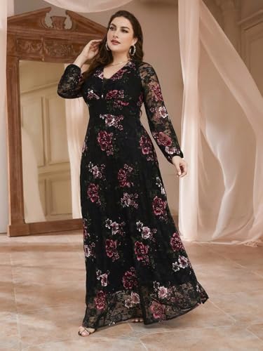 Image of Spring Summer 2024 Plus Size Womens Dresses V Neck Casual Elegant Long Sleeve Floral Print Maxi Dress