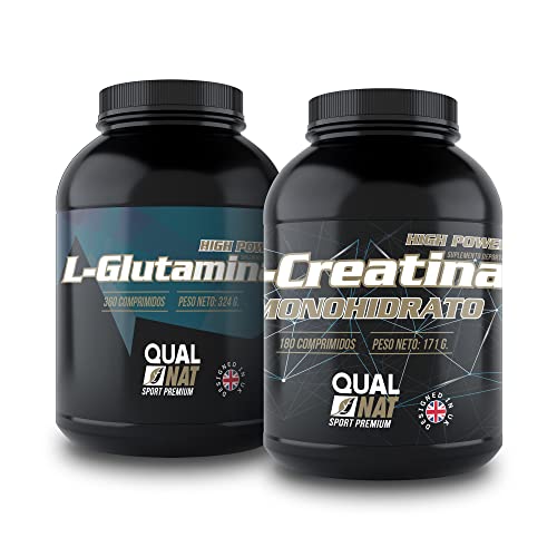 Pack de L-Creatina y L-Glutamina - Suplementos para Ganar Masa Muscular -Formato de 180 y 360 Comprimidos - Mejoran el Rendimiento Físico - Contribuyen a la Recuperación y Crecimiento - QUALNAT