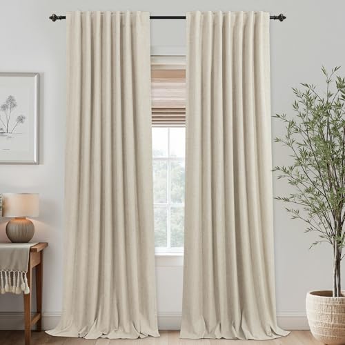 Image of KOUFALL French Country Curtains for Living Room, Farmhouse Style Blackout Rustic Linen Lined Insulated Curtains for Bedroom Sliding Door, Tan, 96 Inches Long