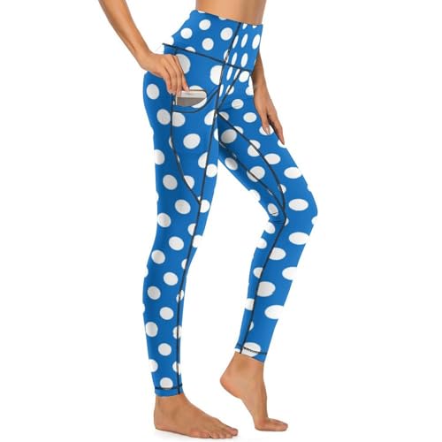 Legging bleu moyen de yoga anti-transpiration : pantalon taille haute à pois avec poches