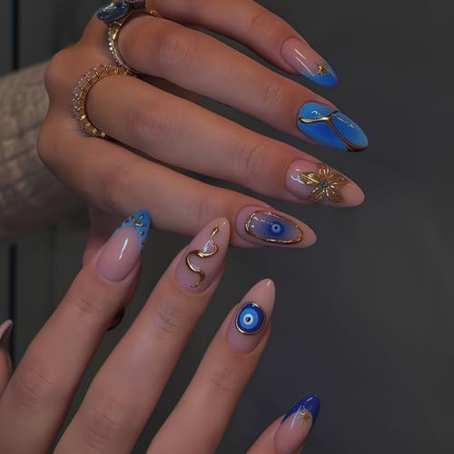 Image of Evil Eye Press on Nails Blue French Tip Fake Nails with Gold Design Flower Snake Glue on Nail Medium Almond Glossy Full Cover Ombre Stick on Nail for Women Girls Manicure 24Pcs