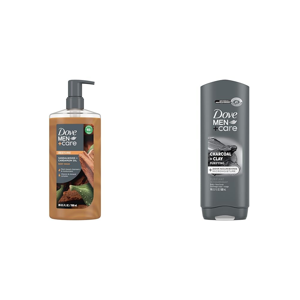 DOVE MEN + CAREBody Wash Sandalwood + Cardamom Oil to Rebuild Skin in the Shower & Elements Body Wash Charcoal + Clay