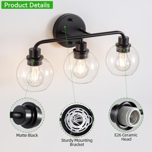 Image of Bathroom Light Fixtures Black Vanity Light, 3 Light Modern Wall Sconces Lighting Bathroom Lights with Globe Clear Glass Shades, Bath Wall Lights Wall Lamp for Mirror Kitchen Living Room Hallway | Wall Sconces Lighting with Globe Clear Glass Shades, Bath Wall Lights Wall Lamp for Mirror Kitchen Living Room Hallway
