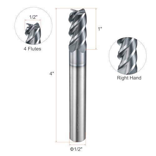 Image of HARFINGTON Carbide Square Nose End Mill Bit 1 /2 inch Cut Dia 4 Flutes TiAlN Coated Milling Cutter for Hardened Steel Metal (1 /2 inch Shank 1 inch Cut Length 4 inch Long 30 Degree Helix HRC53-55)