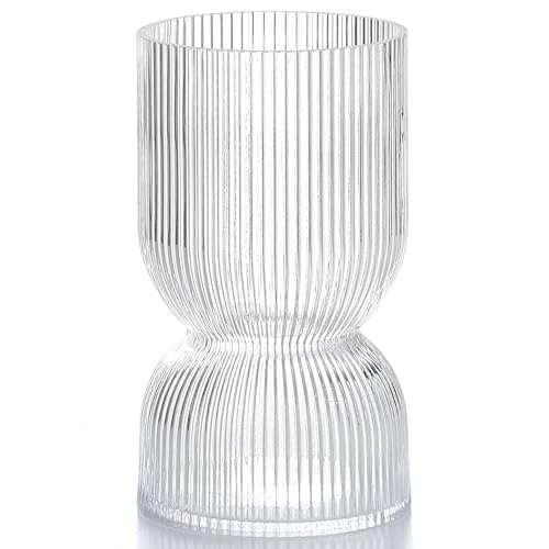 7.5 inch Vase for Flowers Clear Ribbed Thickened Glass Vases Hourglass Bud Flower Vase for Bookshelf Dinner Table Indoor Office Desktop Meeting Room Bathroom Home Decor Christmas Decoration