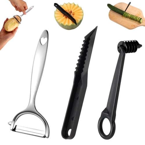 3pcs Coupe-Spirale avec Coupe V et Éplucheur, Spiraleur Manuel en Plastique ABS et Éplucheur en Alliage de Zinc Couteau Cuisine Pratique pour Pommes Terre...