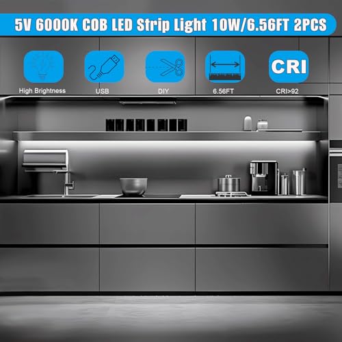 Tira LED USB 5V COB 2 piezas con conector sin soldadura 6ft luz blanca miniatura 2