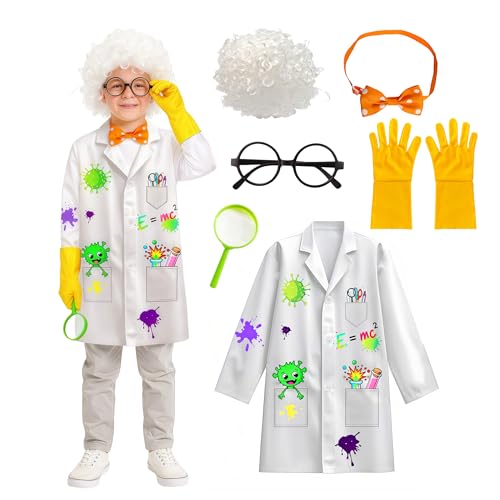 Wbesty Costume de Mad Scientist 6 pièces pour enfant avec blouse de laboratoire, perruque, gants, nœud papillon et loupe pour se déguiser et jeux de rôle sur le thème de la science, 7-8 ans