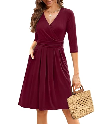 Zattcas Womens 2025 Wrap V Neck 3/4 Sleeve Cocktail Dress Pleated A Line Fit and Flare Wedding Guest Dress with Pockets