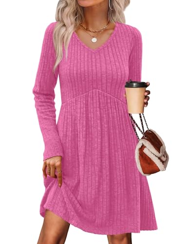 OFEEFAN Long Sleeve Sweater Dress Fall Dresses 2025 V Neck Empire Waist Baby Doll Dresses Women Casual Dress with Pockets