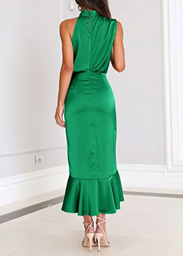 Image of KIRUNDO Women's Summer Satin Mock Neck Wedding Guest Dress | Party Cocktail Midi Dress, 2026 Spring Fashion, Silky, Elegant Classy Halter High Neck, Sleeveless Wrap Ruffle Formal Dress