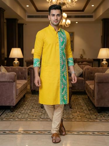 Image of Men's Jamdani Printed Kurta Pajama Set | Pure Cotton Ethnic Kurta with Mandarin Collar & Dupion Silk Pyjama | Festive & Weddings 303A12A 303SB12B(M XXL)