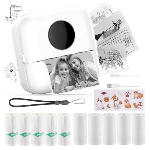 Mini Stampante Fotografica,Stampante Termica,immagine per foto, stampa di ricevute,stampante fotografica,con 10 rotoli di carta 1 adesivo per smartphone, per Fotografica Note Elenco Memo (White)
