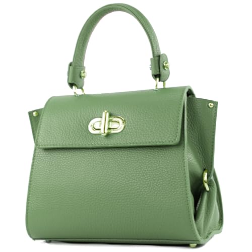 modamoda de - T182 - ital. Damen Henkeltasche Klein Leder, Farbe:Graugrün