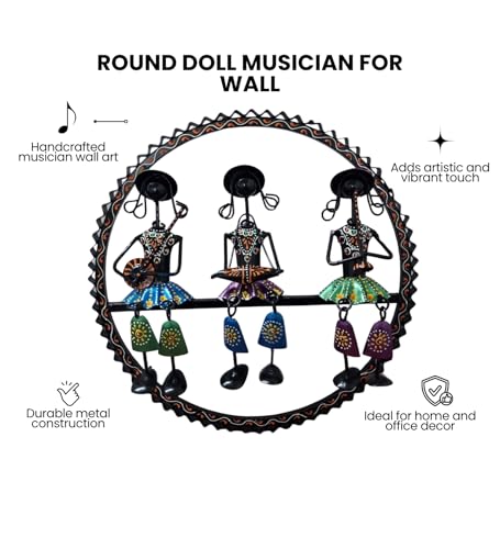 Image of Handcrafted Metal Musician Dolls Wall Hangings | Traditional Tribal Musician Sculpture | Decorative Wall Art for Living Room, Office, Music Room | Home Decor (Round Doll Design)