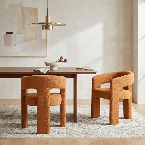 Image of HNY Modern Barrel Kitchen & Dining Room Chairs Set of 2, Sherpa Upholstered Accent Chairs with Arm, 18.5'' Wide Side Armchairs Vanity Chairs for Living Room Bedroom Makeup Small Spaces, Orange