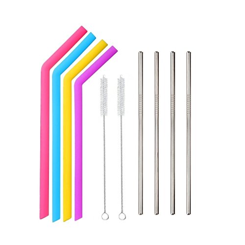Tovantoe Reusable Drinking 4 Pack +Stainless Steel Silicone Smoothie Straws, Assorted Color