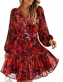 ZESICA Womens Spring Summer Floral Mini Dress Long Sleeve Button Chiffon A Line Swing Short Wedding Guest Party Dresses Red Large