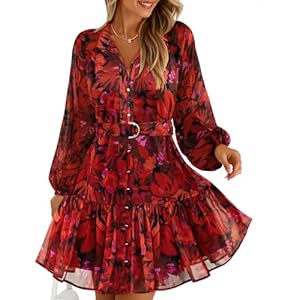 ZESICA Womens Spring Summer Floral Mini Dress Long Sleeve Button Chiffon A Line Swing Short Wedding Guest Party Dresses