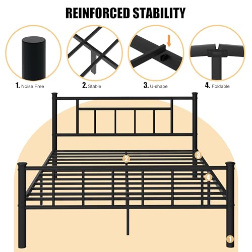 Image of Shintenchi Queen Size Metal Platform Bed Frame with Headboard & Footboard, Steel Slat Mattress Foundation, Under Bed Storage, Noise-Free, No Box Spring Needed, Black Square