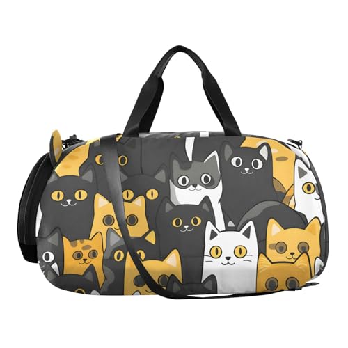 Duffle Bag Kids Gym Bag with Shoes Compartment & Wet Separation Overnight Travel Duffel Bag Yellow Black White Cat for Girl Boy2