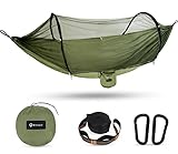 BTRWOR Hängematte, Hängematte Outdoor mit Moskitonetz | Nylon Camping Reisehängematte | 300kg Traglast | 260x140cm | Campingzubehör für draußen, drinnen mit Baumgurten (Olive)