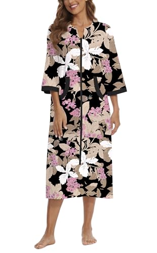 Image of Zipper Robes for Women 3 /4 Sleeve Housecoats Long Lightweight Bathrobe House Dress with Pockets