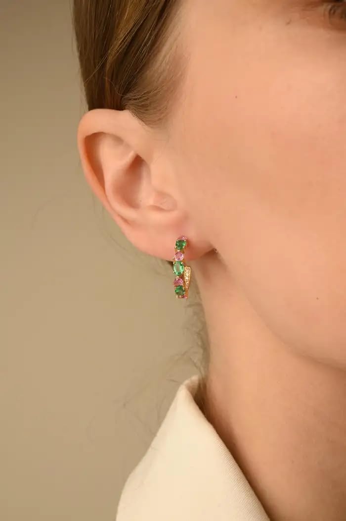 Minimalist 1.94 Cts Emerald Pink Sapphire Hoops Earring 14k Solid Yellow Gold- C Hoop Prong Set Earrings For Women- Gift For Mom