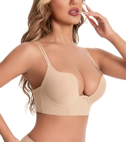 HACI Deep U Backless Bra Plunge Neckline Push Up Padded Low Cut Underwire for Support(Nude,38B)