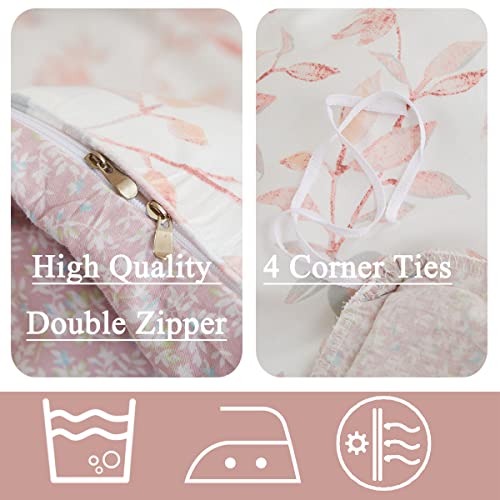 Fadfay Cotton Duvet Cover Set, King Size Pink Bedding Reversible Leaves Branches Printed Bed Cover, Premium 600 Tc Super Soft Zipper Comforter Cover Botanical Floral Bed Sets 3 Pcs, King/Cal King #TOP4