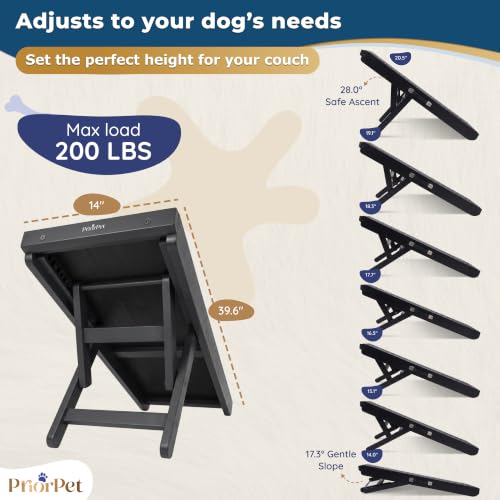 Image of Dog Ramp for Couch - Non-Slip, Sturdy Build Foldable Wooden Dog Ramp - Supports up to 200 lbs - 7 Adjustable Heights (14 inch - 20.5 inch) - Enhanced Stability - Birchwood Pet Ramp for Small Dogs - Black