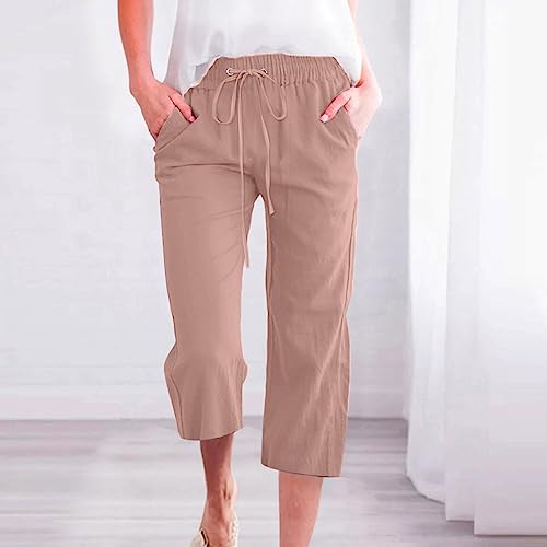 Linen Capri Pants for Women Summer Casual Capris Drawstring Waist Wide Leg Cropped Pant Plus Size Crop Trousers with Pocket2