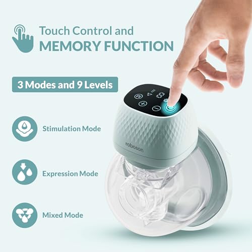 Image of Roboson Wearable Electric Breast Pump For Feeding Mothers, Automatic Electrical Milk Feeding Pumping Machine with 3 Modes & 9 levels, Portable & Compact, Rechargeable with large 1400 mah battery, Digital Touch Screen, Food Grade Milk Cup of 150 ml, BPA Free and Skin Friendly (1 Year Warranty)