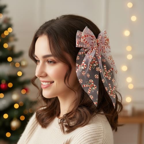 1 Pack Lazos de Navidad para Pelo para Mujeres y Niñas, Clip de Lazo Blanco de Tul de Malla con Cola Larga Sobredimensionada, Accesorios de Decoración para el Cabello miniatura 3