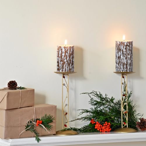 Eywamage Brown Bark Flameless Pillar Candles with Remote, Farmhouse Battery Operated LED Wood Candles Set of 3