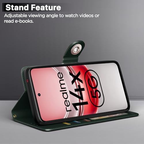 Image of Pikkme Flip Cover Leather Finish | Inside TPU with Card Pockets | Wallet Stand and Shock Proof | Complete Protection Button Flip Case for Realme Narzo 80x 5G / Realme P3x 5G / Realme 14X 5G (Green)