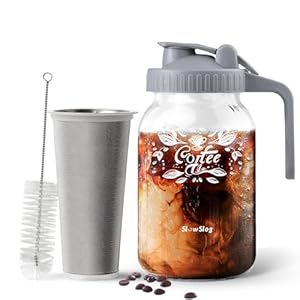 Slow Slog Cold Brew Coffee Maker, 32oz Cold Brew Mason Jar Pitcher with Lid, Iced Coffee Maker, Cold Brew Pitcher with Stainless Steel Filter for Iced Tea, Sun Tea, Leak Proof