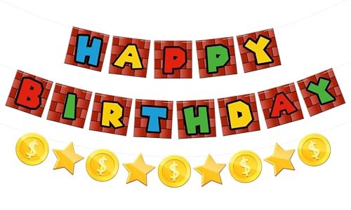 Joyhaven Super Happy Birthday Banner Video Game Theme Birthday Party Banner for Kids Party Decorations Supplies Baby Shower Outdoor Decor