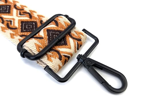 Image of Beige Brown Boho Diamond Purse Strap with Matte Black Hardware 2 Inch Wide Replacement Crossbody Guitar Style Shoulder Strap for Handbags Totes