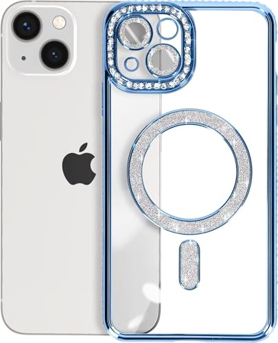 Image of DIZORO Compatible with (iPhone 15 Case) Clear Luxury Diamond Glitter Case |Camera Lens Protector with Glitter Ring | Premium Shockproof Glossy Shiny Back Cover Case for Girls Women -Blue