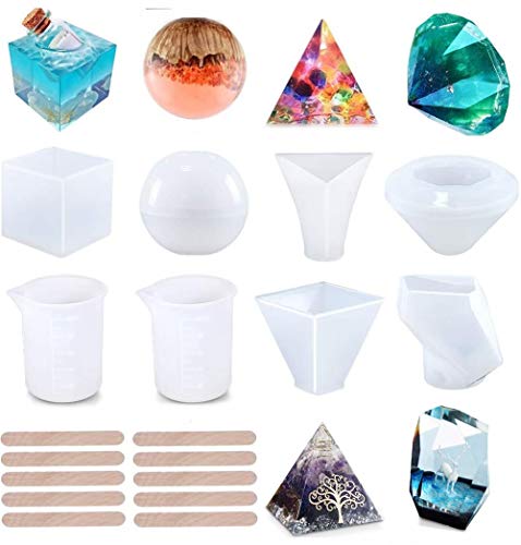 Albeads Silicone Resin Molds 18Pcs Paperweight Resin Casting Molds Including Sphere, Cube, Pyramid, Square, Crystal for Resin Epoxy, Soap, Candles Making Resin Kits for Beginners with molds