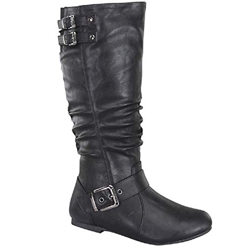 TOP Moda Night-76 Women's Mid Calf Round Toe Buckle Slouched Flat Boots
