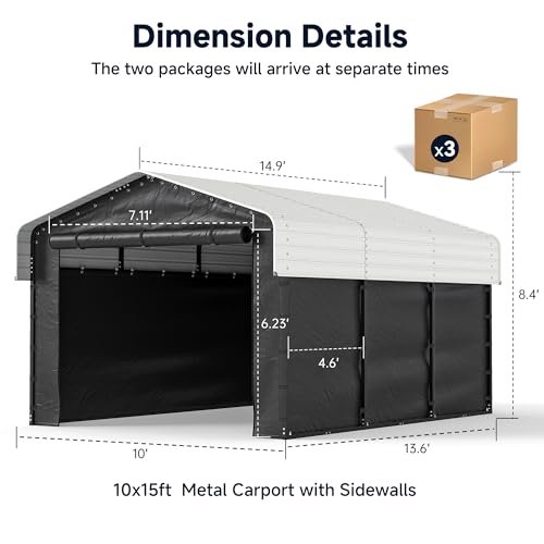 Image of 10x15FT Heavy Duty Metal Carport, Outdoor Carport with Galvanized Steel Frame and Roof, Multi-Use Car Garage Shelter with Removable Sidewalls, Enclosed for Cars, Pickup, Tractors, Tools, Cream White